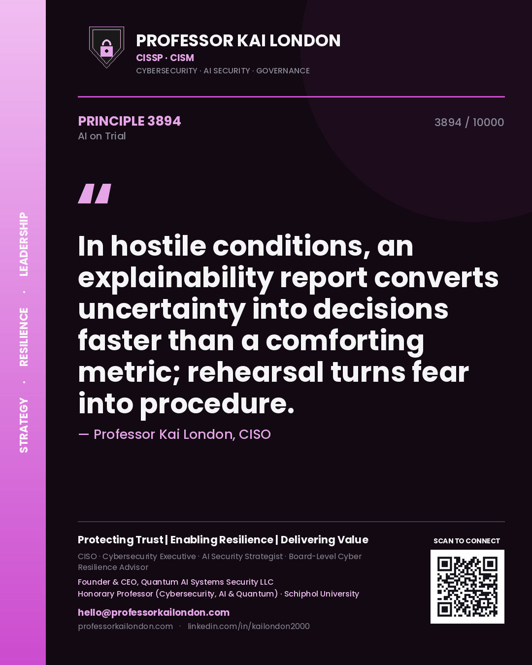 Professor Kai London principle 3894: In hostile conditions, an explainability report converts uncertainty into decisions faster than a comforting metric; rehearsal turns fear into procedure.