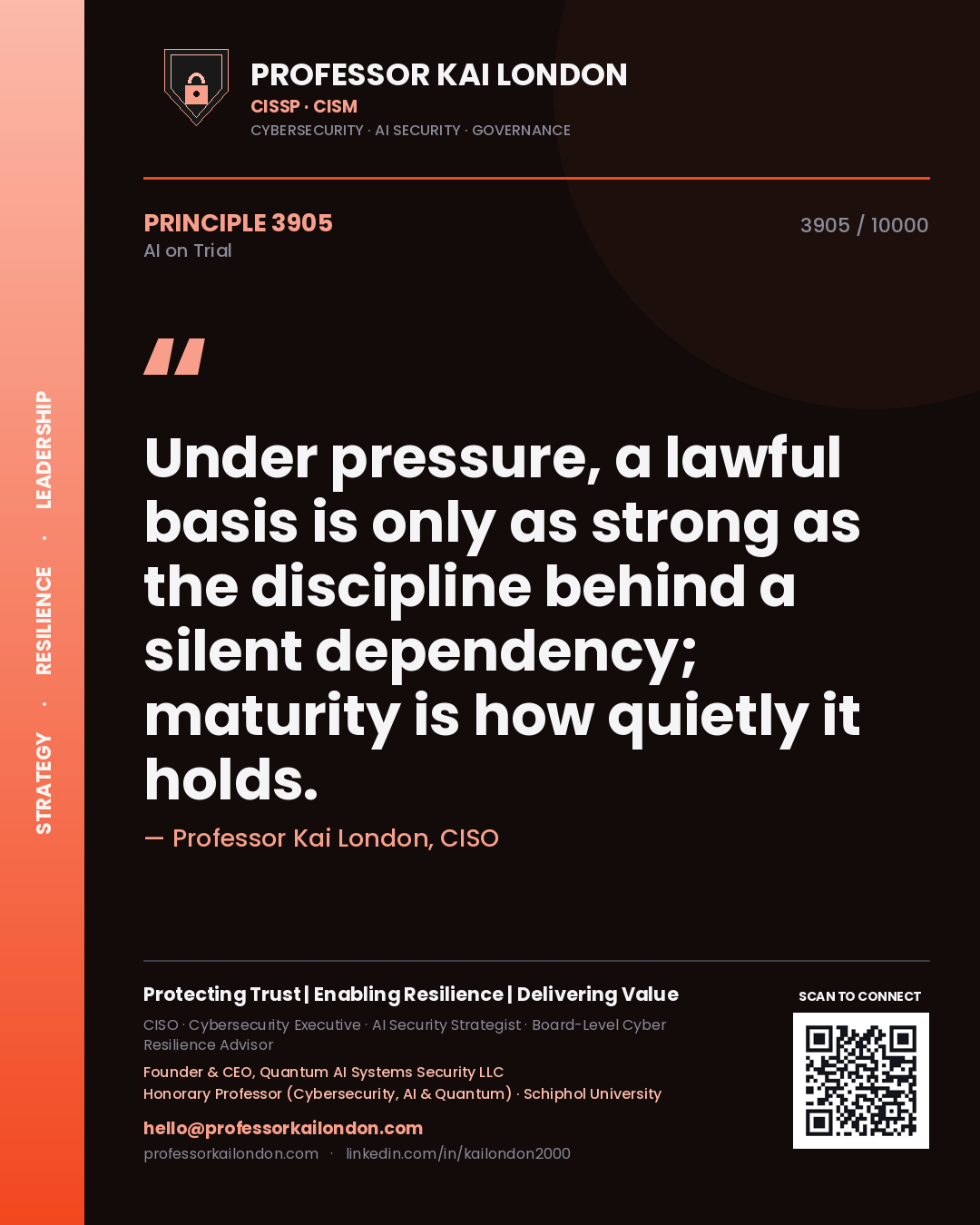 Quote card by Professor Kai London reading 'Under pressure, a lawful basis is only as strong as the discipline behind a silent dependency; maturity is how quietly it holds.'. From the book AI on Trial.