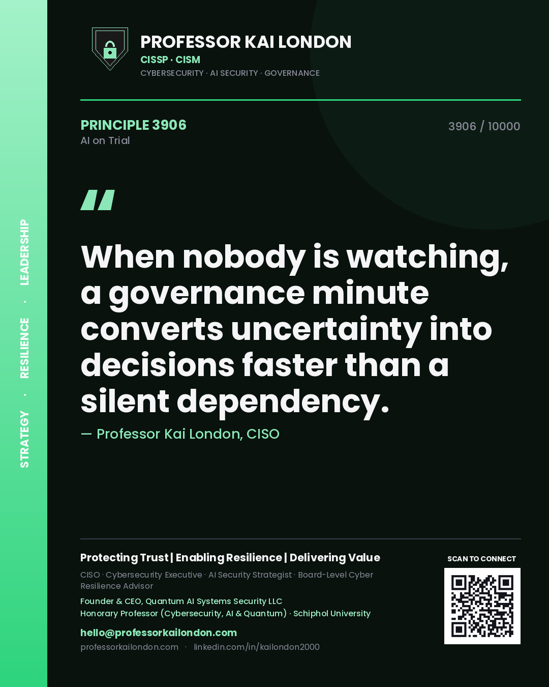 Quote card by Professor Kai London reading 'When nobody is watching, a governance minute converts uncertainty into decisions faster than a silent dependency.'. From the book AI on Trial.