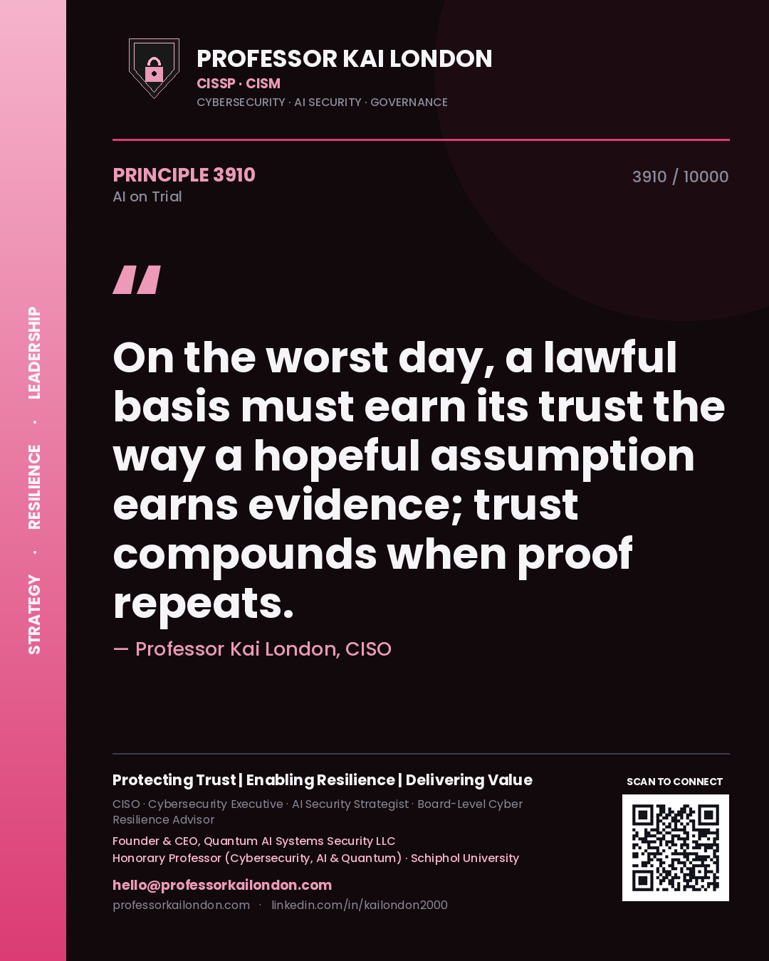 Quote card by Professor Kai London reading 'On the worst day, a lawful basis must earn its trust the way a hopeful assumption earns evidence; trust compounds when proof repeats.'. From the book AI on Trial.