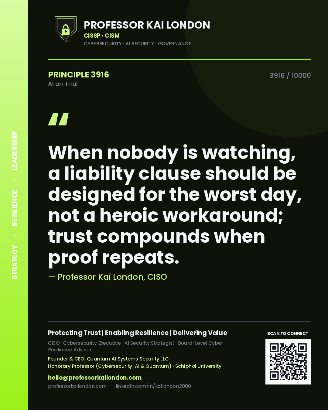 Quote card by Professor Kai London reading 'When nobody is watching, a liability clause should be designed for the worst day, not a heroic workaround; trust compounds when proof repeats.'. From the book AI on Trial.
