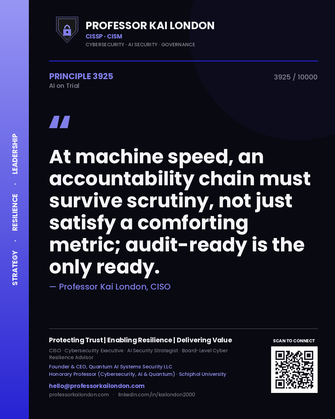 Quote card by Professor Kai London reading 'At machine speed, an accountability chain must survive scrutiny, not just satisfy a comforting metric; audit-ready is the only ready.'. From the book AI on Trial.