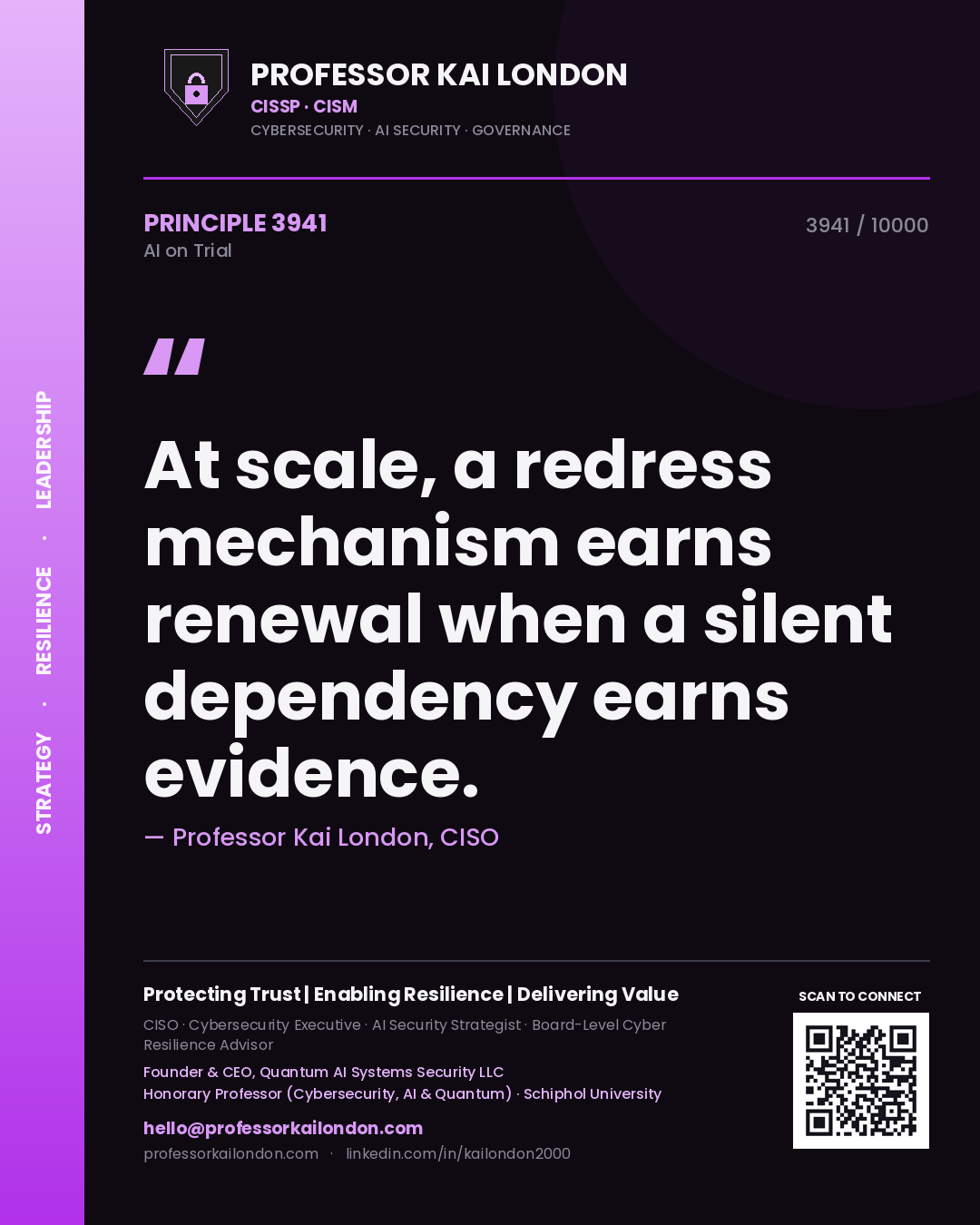 Quote card by Professor Kai London reading 'At scale, a redress mechanism earns renewal when a silent dependency earns evidence.'. From the book AI on Trial.
