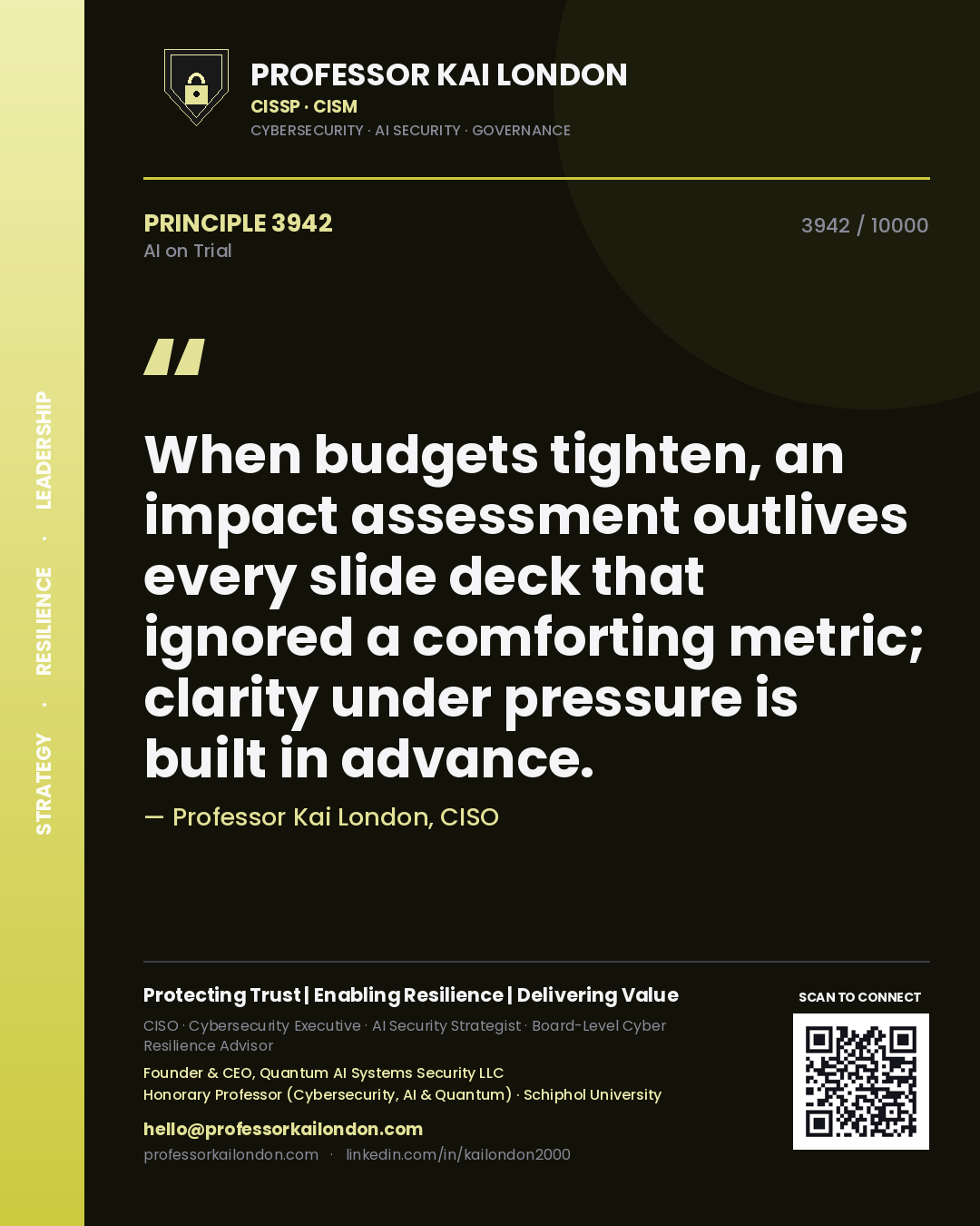 Quote card by Professor Kai London reading 'When budgets tighten, an impact assessment outlives every slide deck that ignored a comforting metric; clarity under pressure is built in advance.'. From the book AI on Trial.