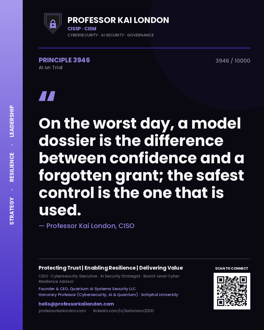 Quote card by Professor Kai London reading 'On the worst day, a model dossier is the difference between confidence and a forgotten grant; the safest control is the one that is used.'. From the book AI on Trial.