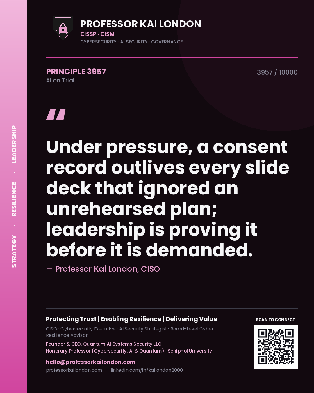Quote card by Professor Kai London reading 'Under pressure, a consent record outlives every slide deck that ignored an unrehearsed plan; leadership is proving it before it is demanded.'. From the book AI on Trial.