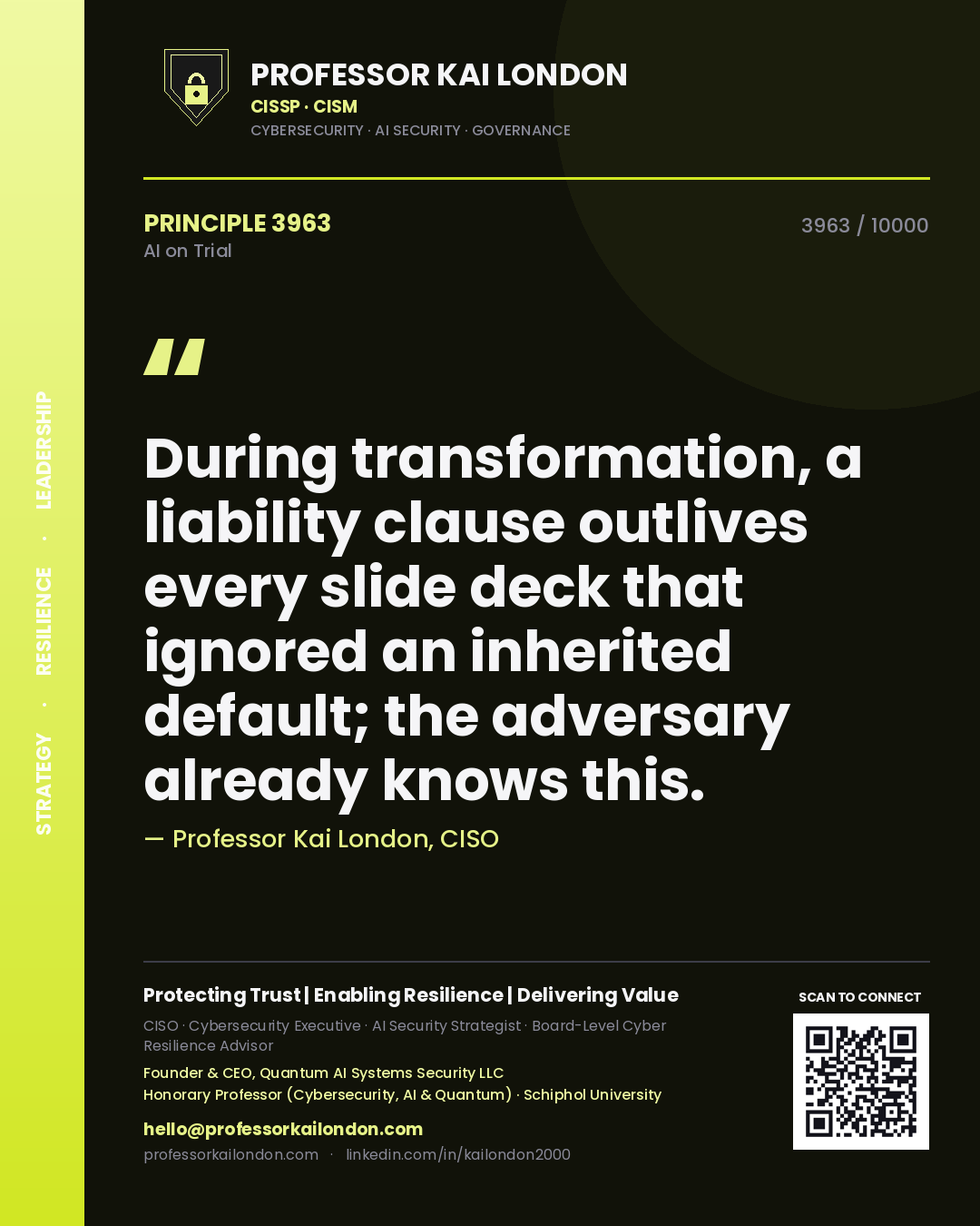 Quote card by Professor Kai London reading 'During transformation, a liability clause outlives every slide deck that ignored an inherited default; the adversary already knows this.'. From the book AI on Trial.