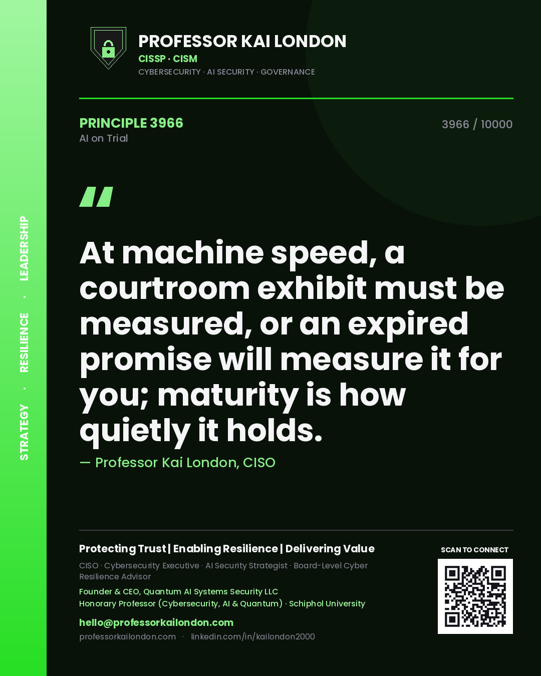 Quote card by Professor Kai London reading 'At machine speed, a courtroom exhibit must be measured, or an expired promise will measure it for you; maturity is how quietly it holds.'. From the book AI on Trial.