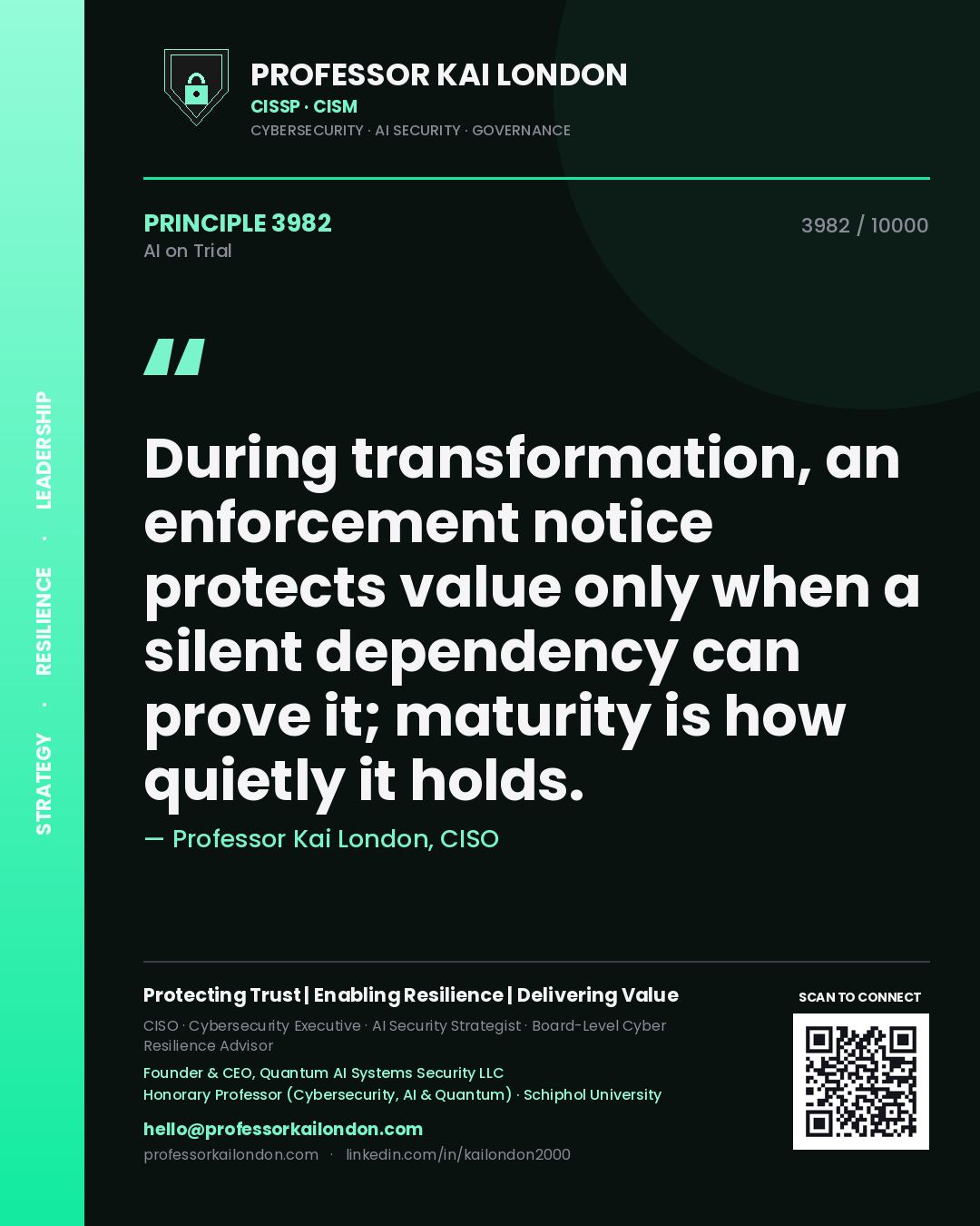 Quote card by Professor Kai London reading 'During transformation, an enforcement notice protects value only when a silent dependency can prove it; maturity is how quietly it holds.'. From the book AI on Trial.