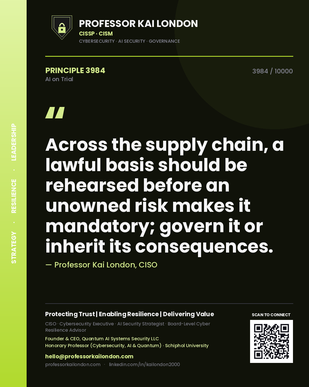 Quote card by Professor Kai London reading 'Across the supply chain, a lawful basis should be rehearsed before an unowned risk makes it mandatory; govern it or inherit its consequences.'. From the book AI on Trial.
