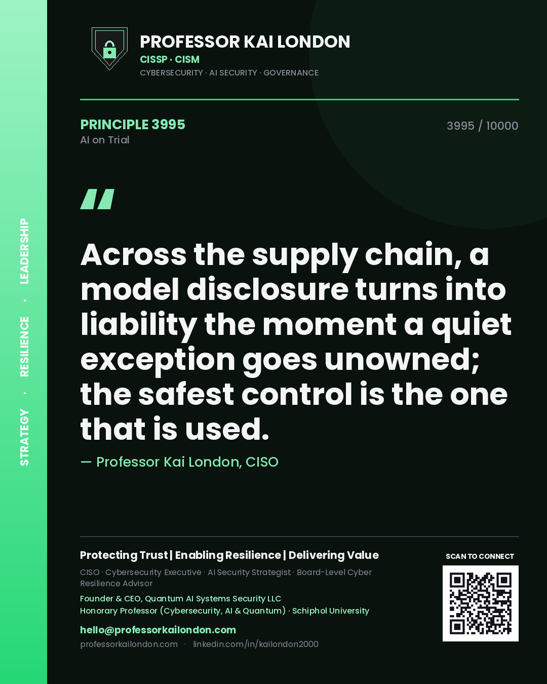 Quote card by Professor Kai London reading 'Across the supply chain, a model disclosure turns into liability the moment a quiet exception goes unowned; the safest control is the one that is used.'. From the book AI on Trial.