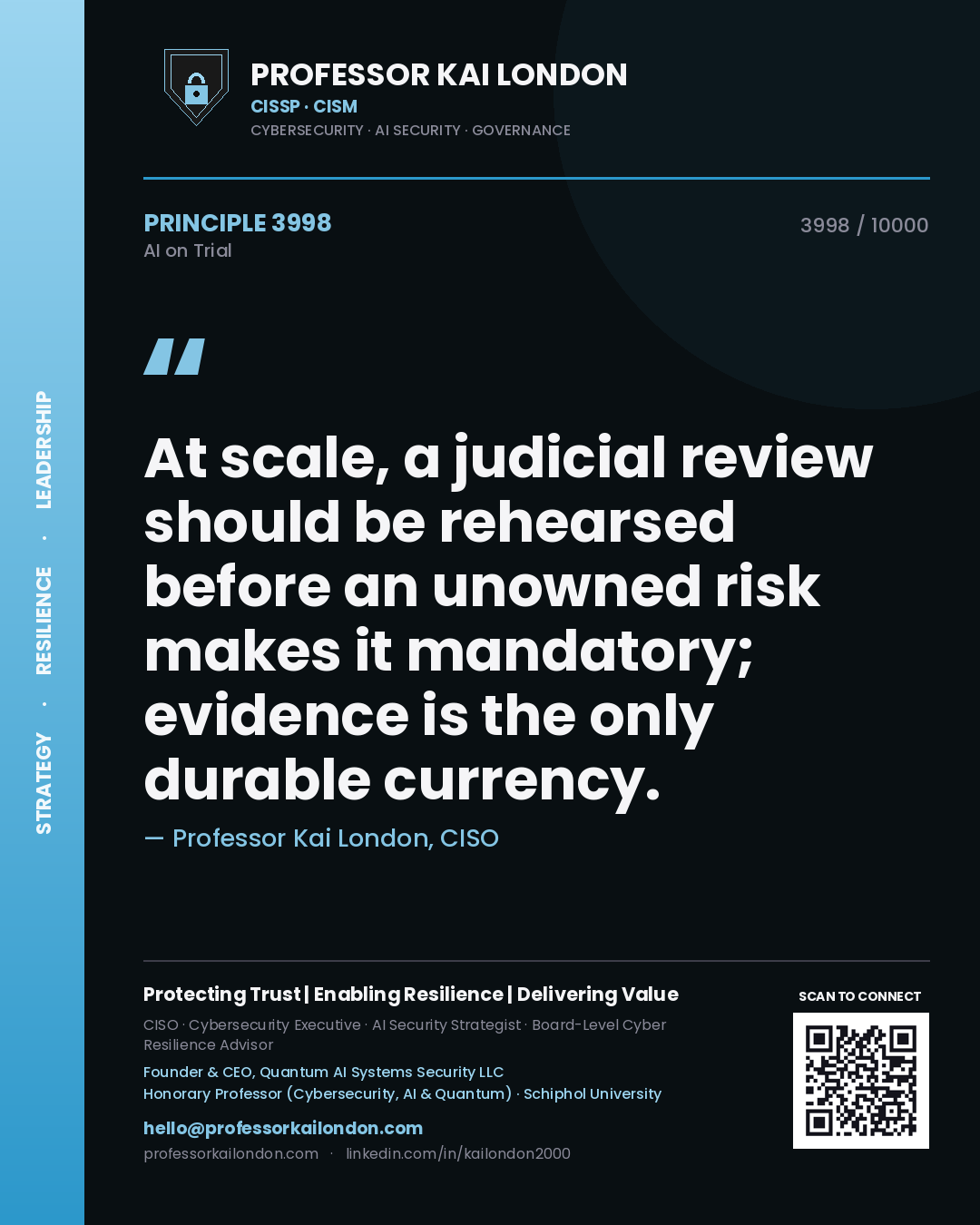 Quote card by Professor Kai London reading 'At scale, a judicial review should be rehearsed before an unowned risk makes it mandatory; evidence is the only durable currency.'. From the book AI on Trial.