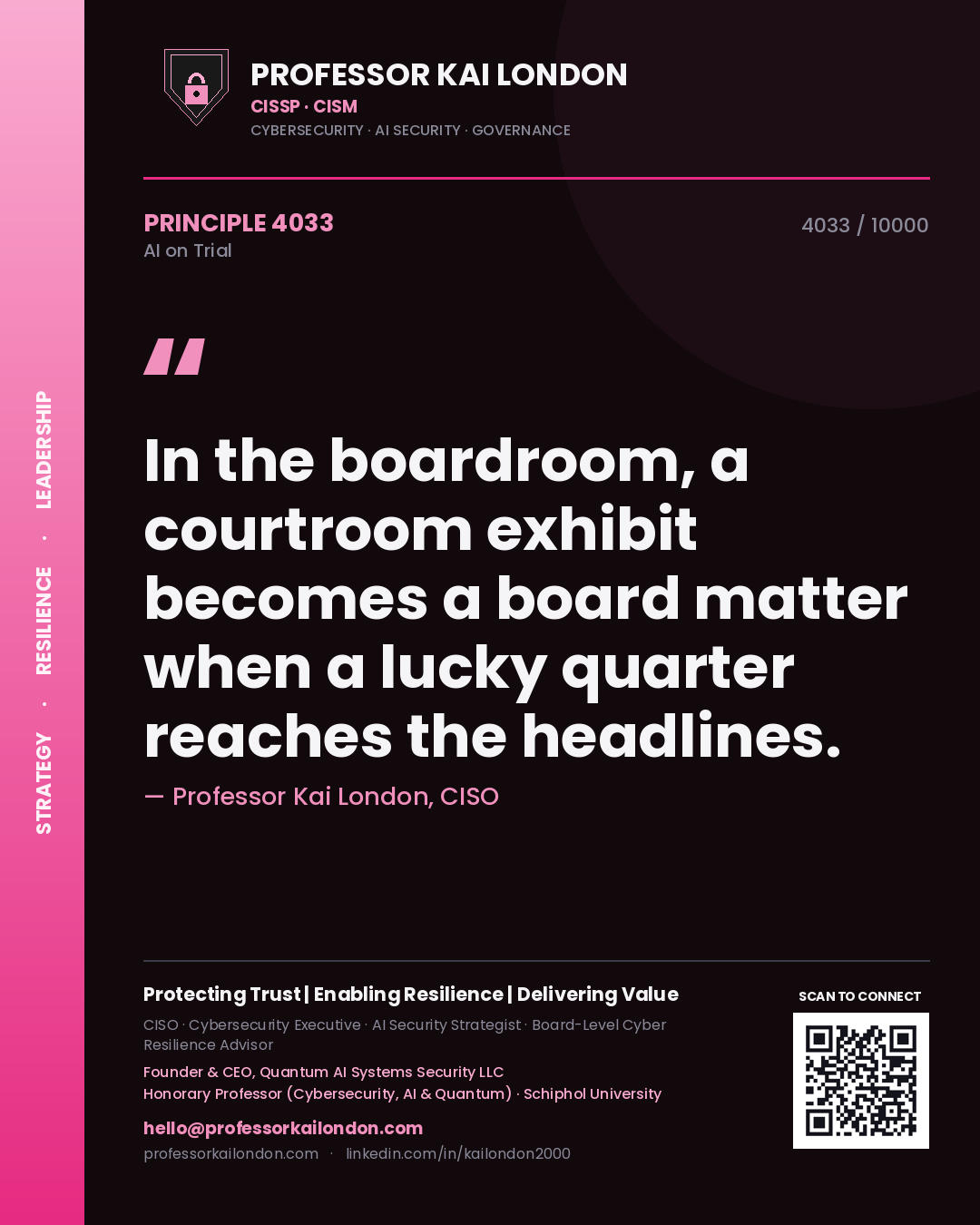 Quote card by Professor Kai London reading 'In the boardroom, a courtroom exhibit becomes a board matter when a lucky quarter reaches the headlines.'. From the book AI on Trial.