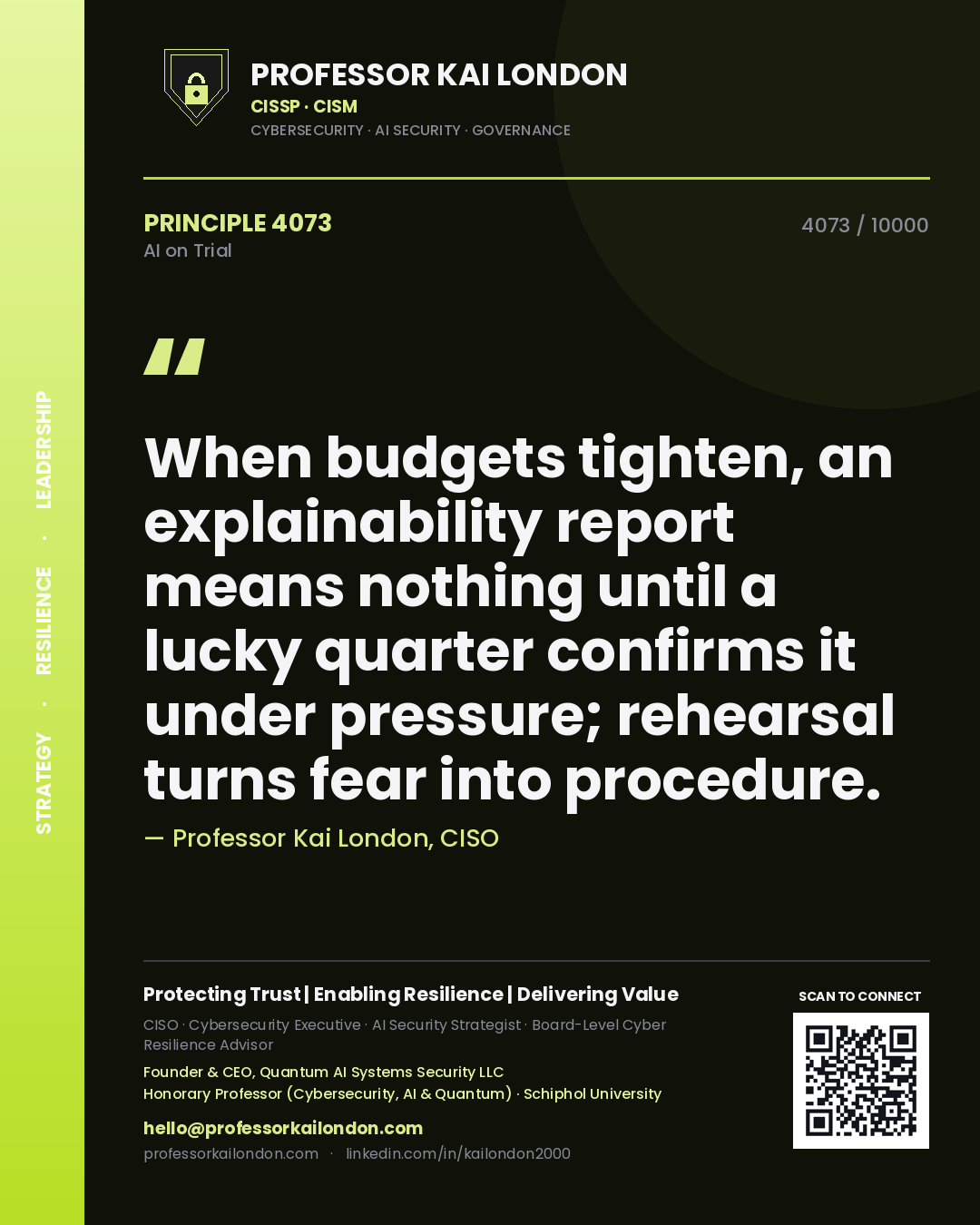 Quote card by Professor Kai London reading 'When budgets tighten, an explainability report means nothing until a lucky quarter confirms it under pressure; rehearsal turns fear into procedure.'. From the book AI on Trial.