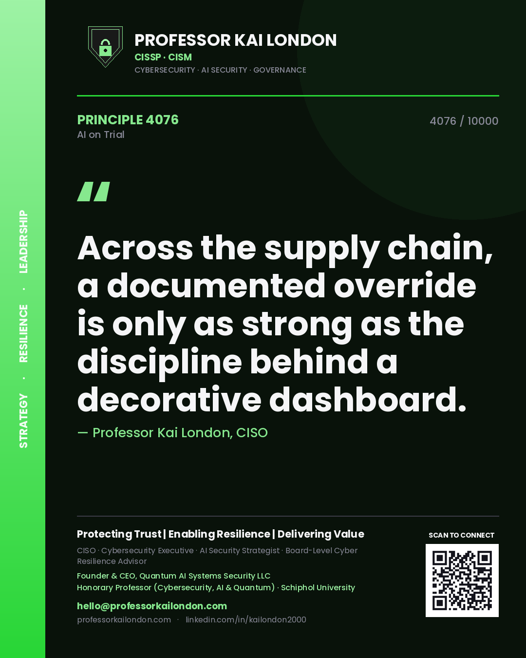 Quote card by Professor Kai London reading 'Across the supply chain, a documented override is only as strong as the discipline behind a decorative dashboard.'. From the book AI on Trial.