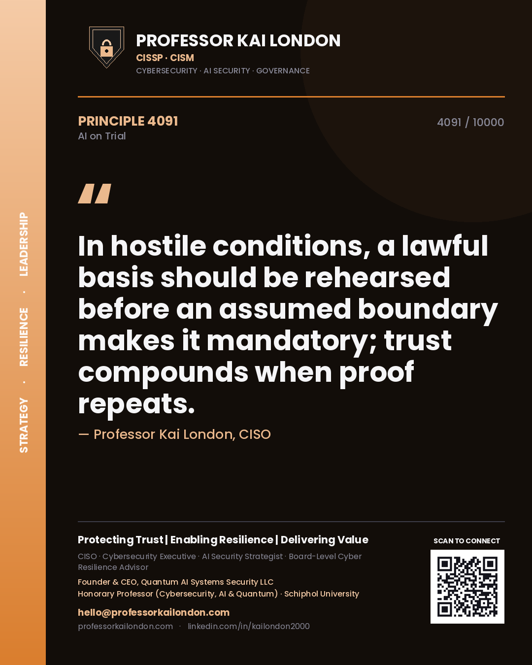 Quote card by Professor Kai London reading 'In hostile conditions, a lawful basis should be rehearsed before an assumed boundary makes it mandatory; trust compounds when proof repeats.'. From the book AI on Trial.