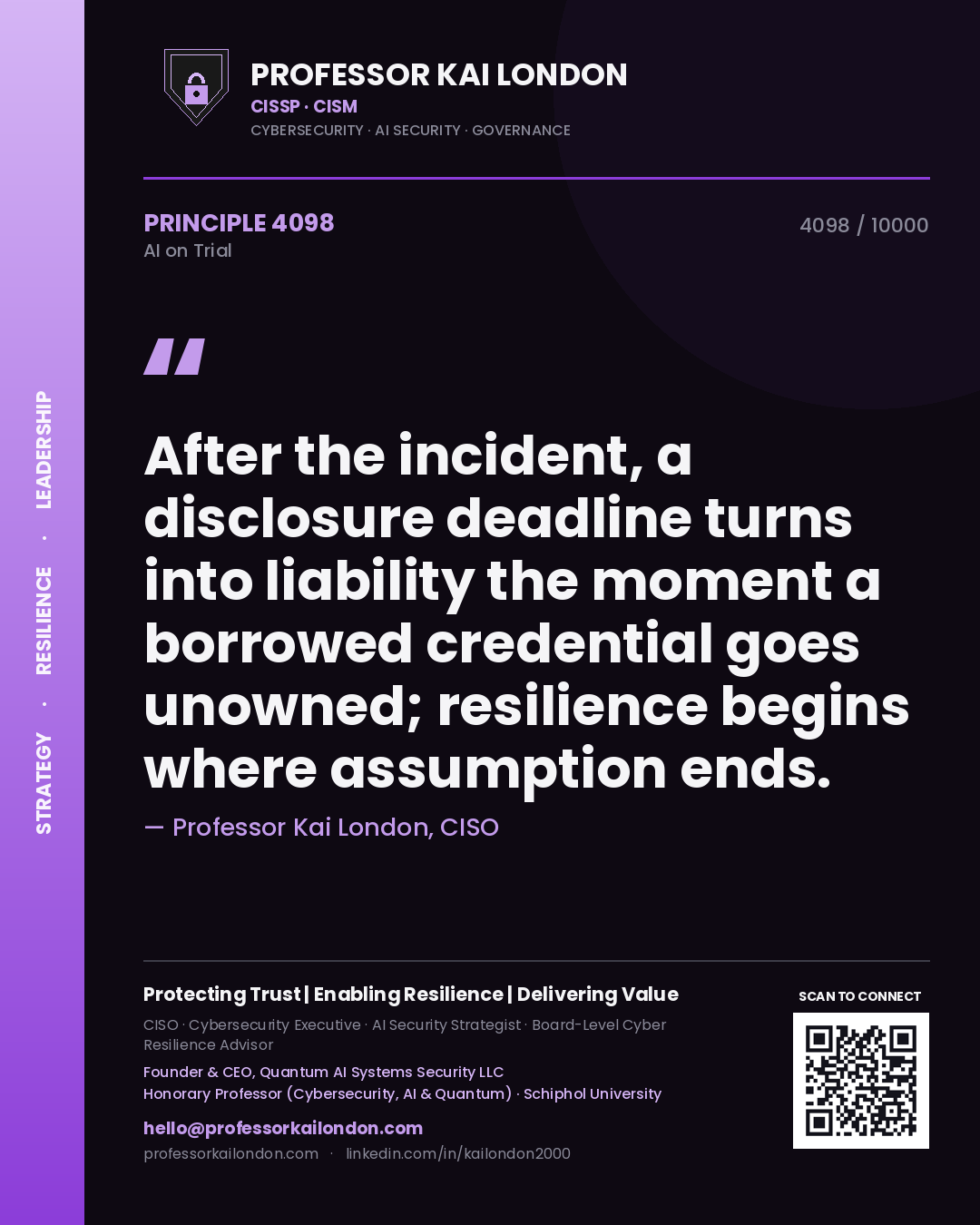 Professor Kai London principle 4098: After the incident, a disclosure deadline turns into liability the moment a borrowed credential goes unowned; resilience begins where assumption ends.