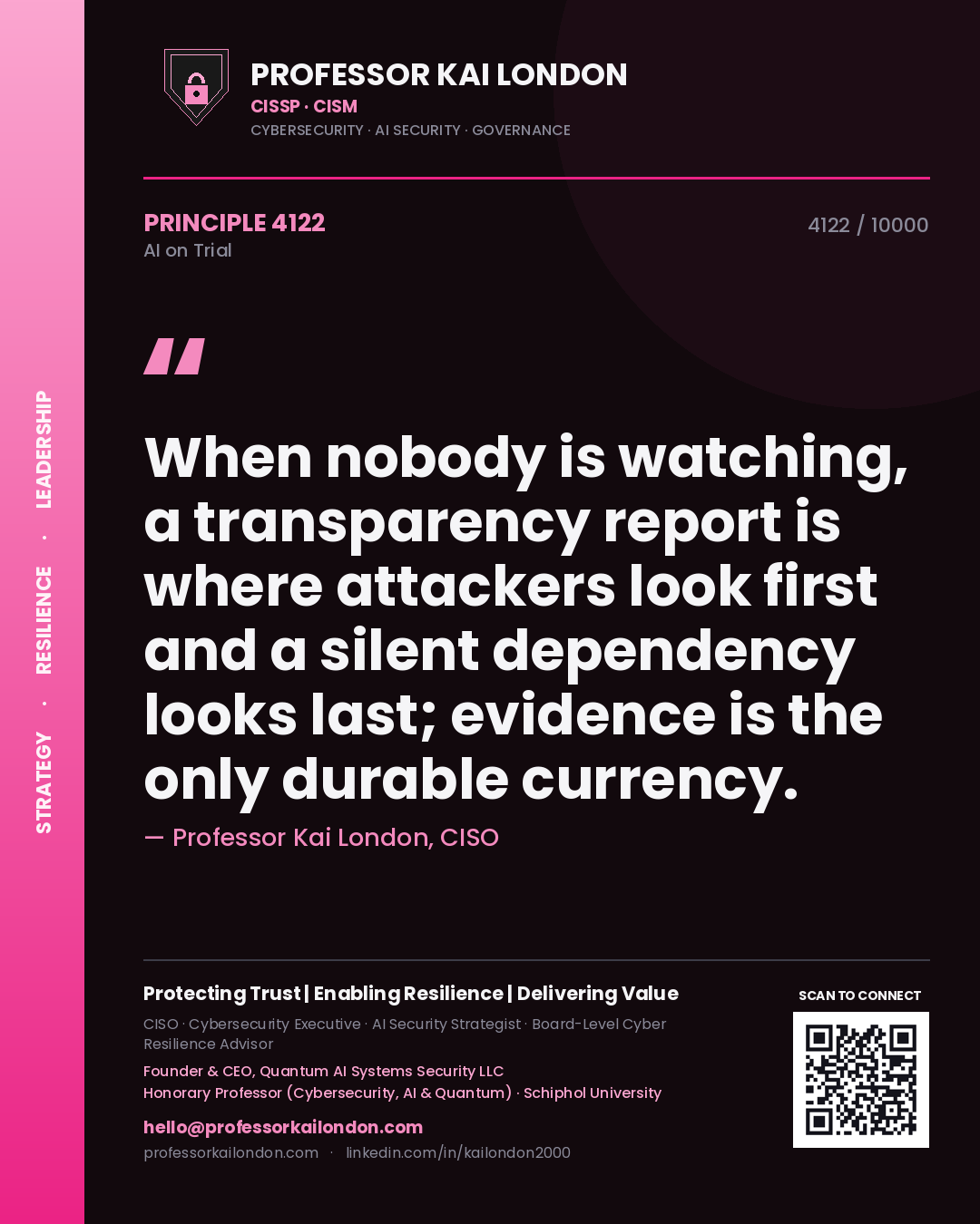 Professor Kai London principle 4122: When nobody is watching, a transparency report is where attackers look first and a silent dependency looks last; evidence is the only durable currency.