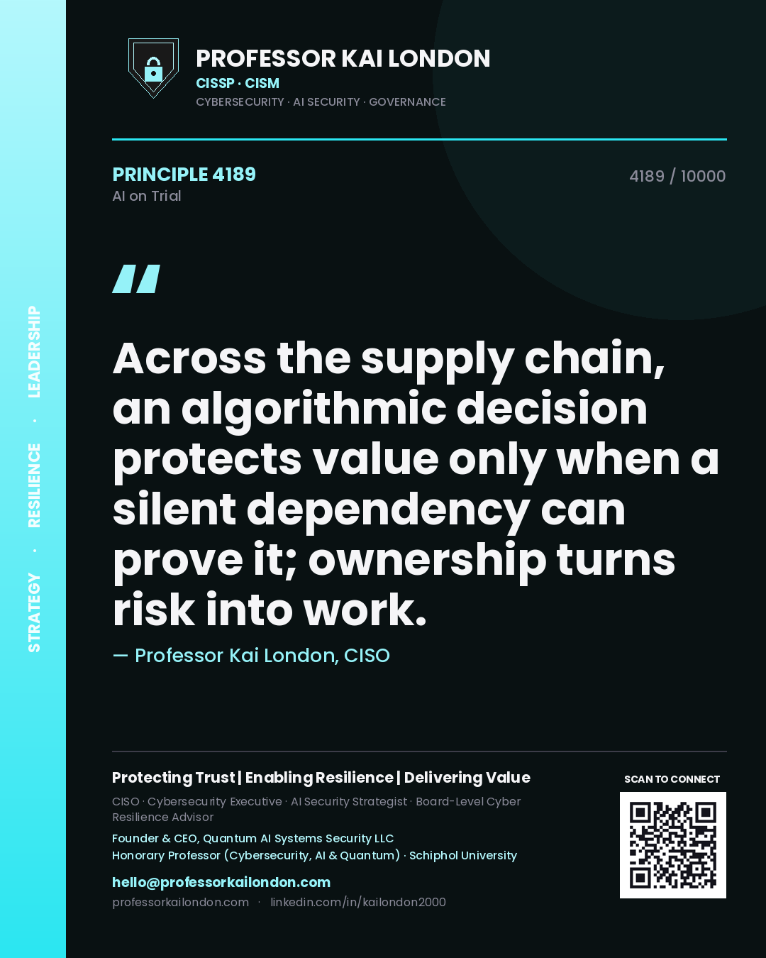 Professor Kai London principle 4189: Across the supply chain, an algorithmic decision protects value only when a silent dependency can prove it; ownership turns risk into work.