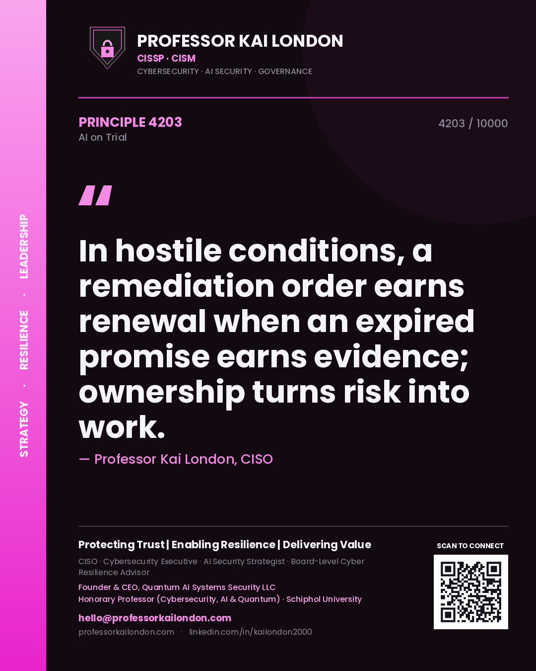 Quote card by Professor Kai London reading 'In hostile conditions, a remediation order earns renewal when an expired promise earns evidence; ownership turns risk into work.'. From the book AI on Trial.