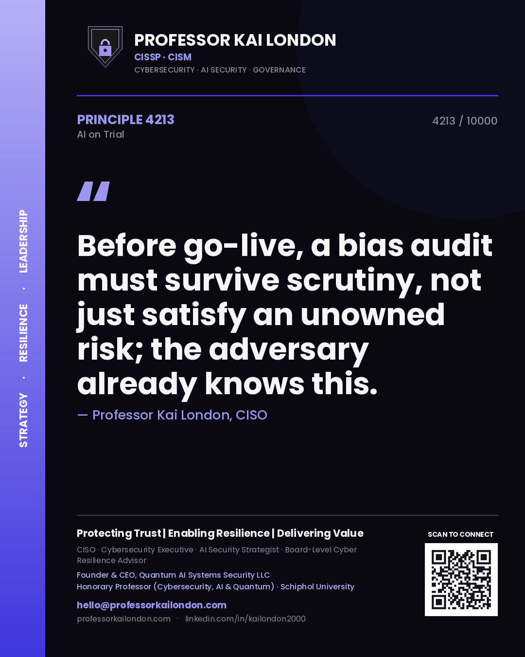 Professor Kai London principle 4213: Before go-live, a bias audit must survive scrutiny, not just satisfy an unowned risk; the adversary already knows this.