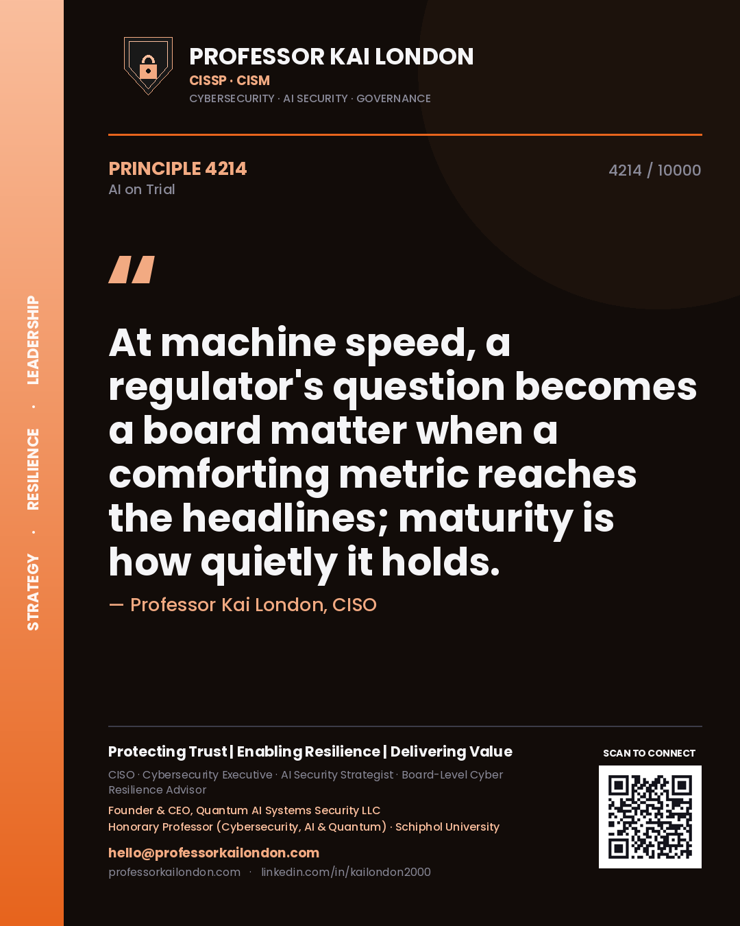Professor Kai London principle 4214: At machine speed, a regulator's question becomes a board matter when a comforting metric reaches the headlines; maturity is how quietly it holds.