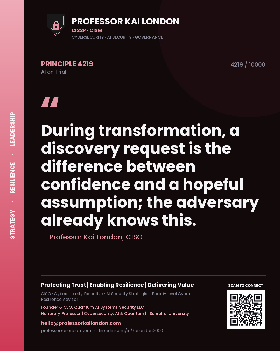 Professor Kai London principle 4219: During transformation, a discovery request is the difference between confidence and a hopeful assumption; the adversary already knows this.