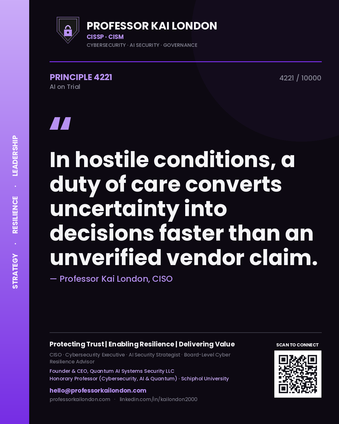Professor Kai London principle 4221: In hostile conditions, a duty of care converts uncertainty into decisions faster than an unverified vendor claim.