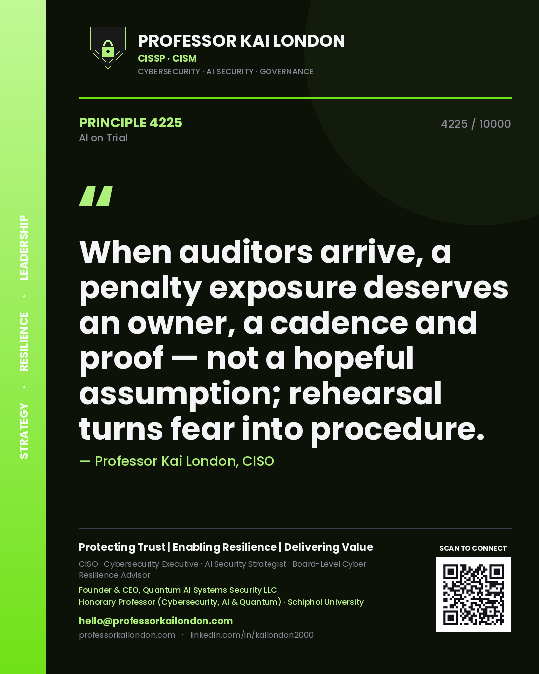 Quote card by Professor Kai London reading 'When auditors arrive, a penalty exposure deserves an owner, a cadence and proof — not a hopeful assumption; rehearsal turns fear into procedure.'. From the book AI on Trial.