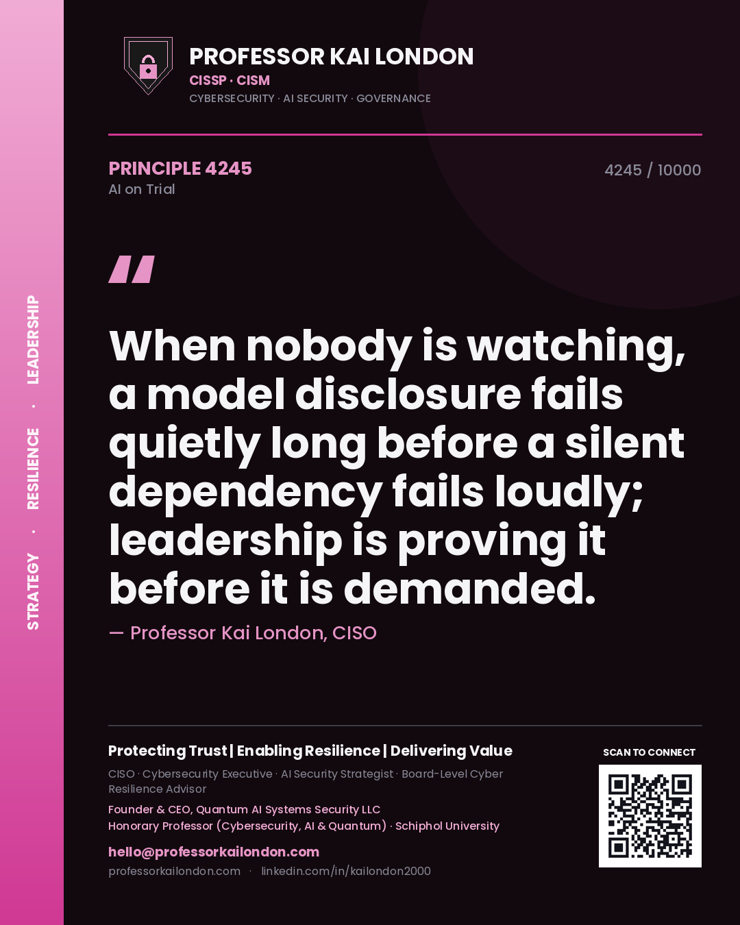 Quote card by Professor Kai London reading 'When nobody is watching, a model disclosure fails quietly long before a silent dependency fails loudly; leadership is proving it before it is demanded.'. From the book AI on Trial.