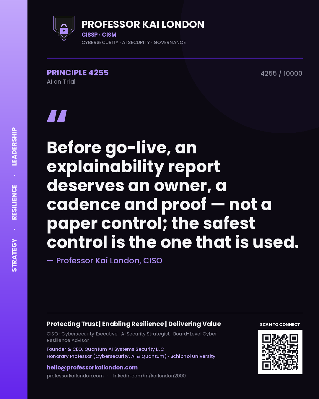 Professor Kai London principle 4255: Before go-live, an explainability report deserves an owner, a cadence and proof — not a paper control; the safest control is the one that is used.
