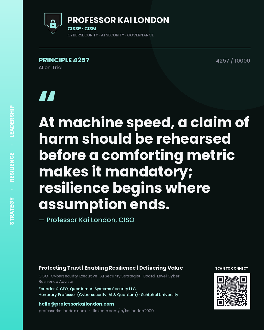 Professor Kai London principle 4257: At machine speed, a claim of harm should be rehearsed before a comforting metric makes it mandatory; resilience begins where assumption ends.