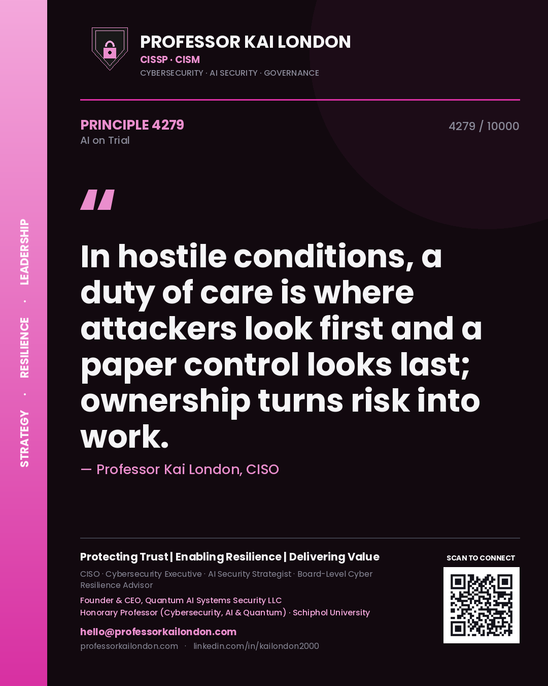 Professor Kai London principle 4279: In hostile conditions, a duty of care is where attackers look first and a paper control looks last; ownership turns risk into work.