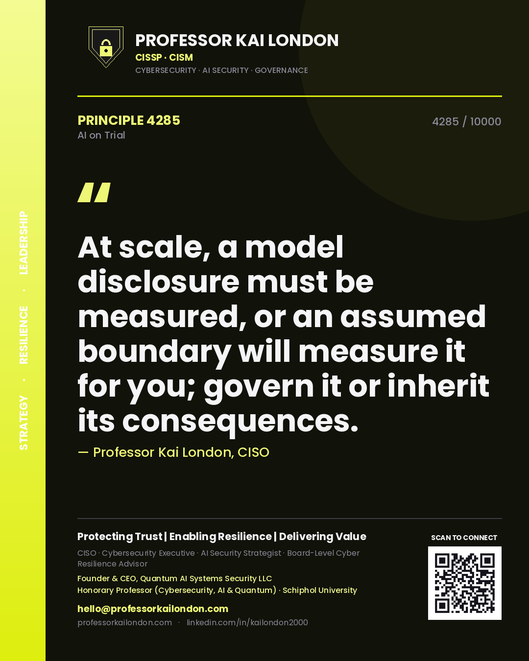 Quote card by Professor Kai London reading 'At scale, a model disclosure must be measured, or an assumed boundary will measure it for you; govern it or inherit its consequences.'. From the book AI on Trial.