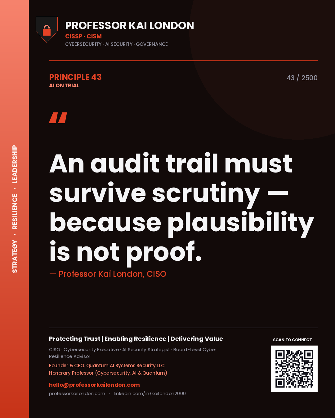Professor Kai London principle 43: An audit trail must survive scrutiny — because plausibility is not proof.