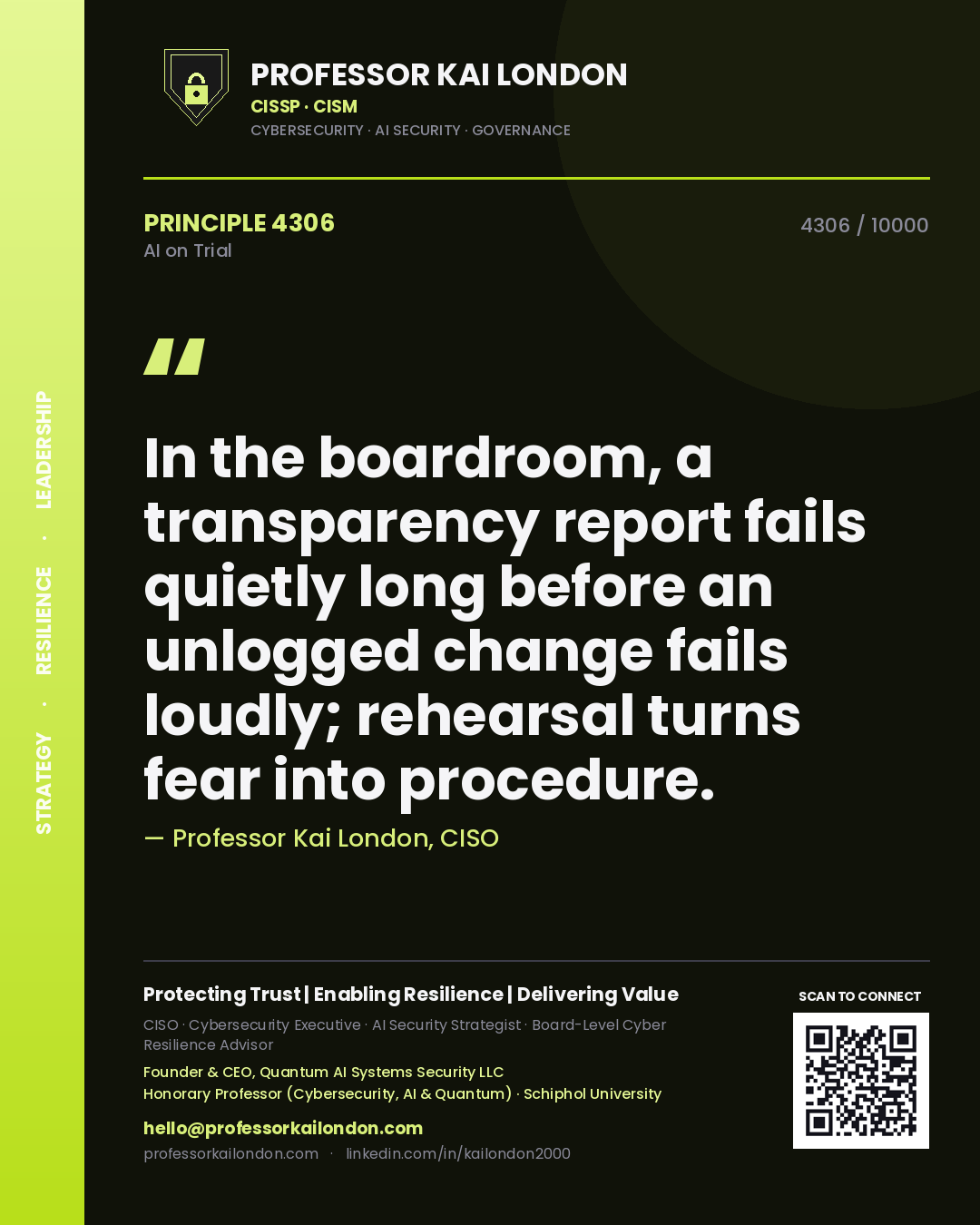 Professor Kai London principle 4306: In the boardroom, a transparency report fails quietly long before an unlogged change fails loudly; rehearsal turns fear into procedure.