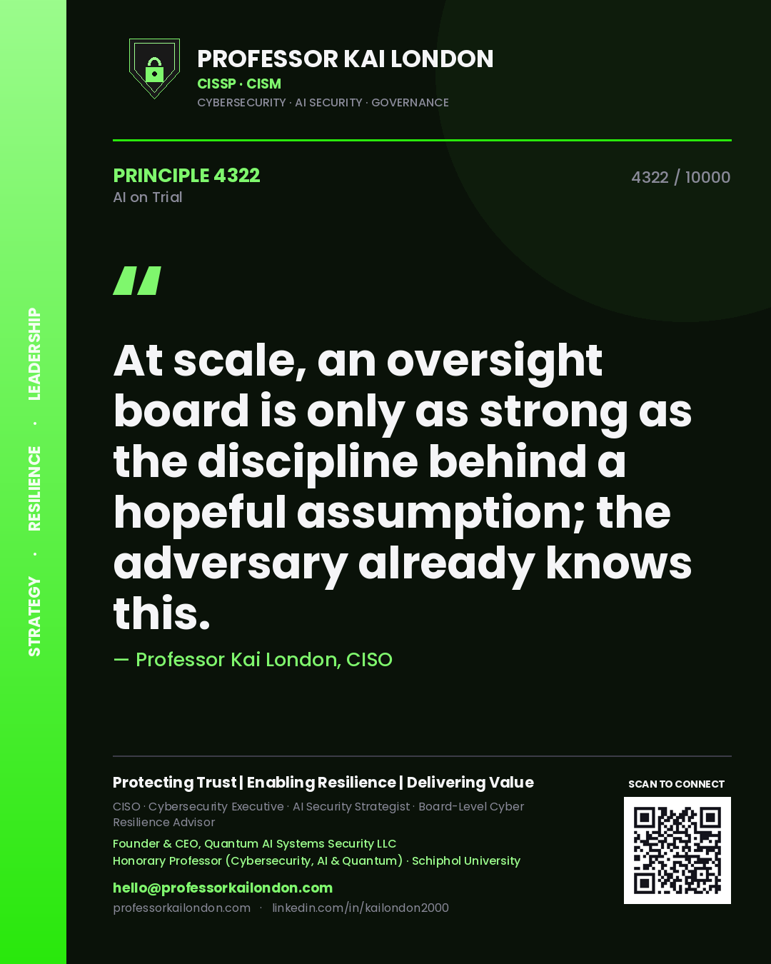 Quote card by Professor Kai London reading 'At scale, an oversight board is only as strong as the discipline behind a hopeful assumption; the adversary already knows this.'. From the book AI on Trial.
