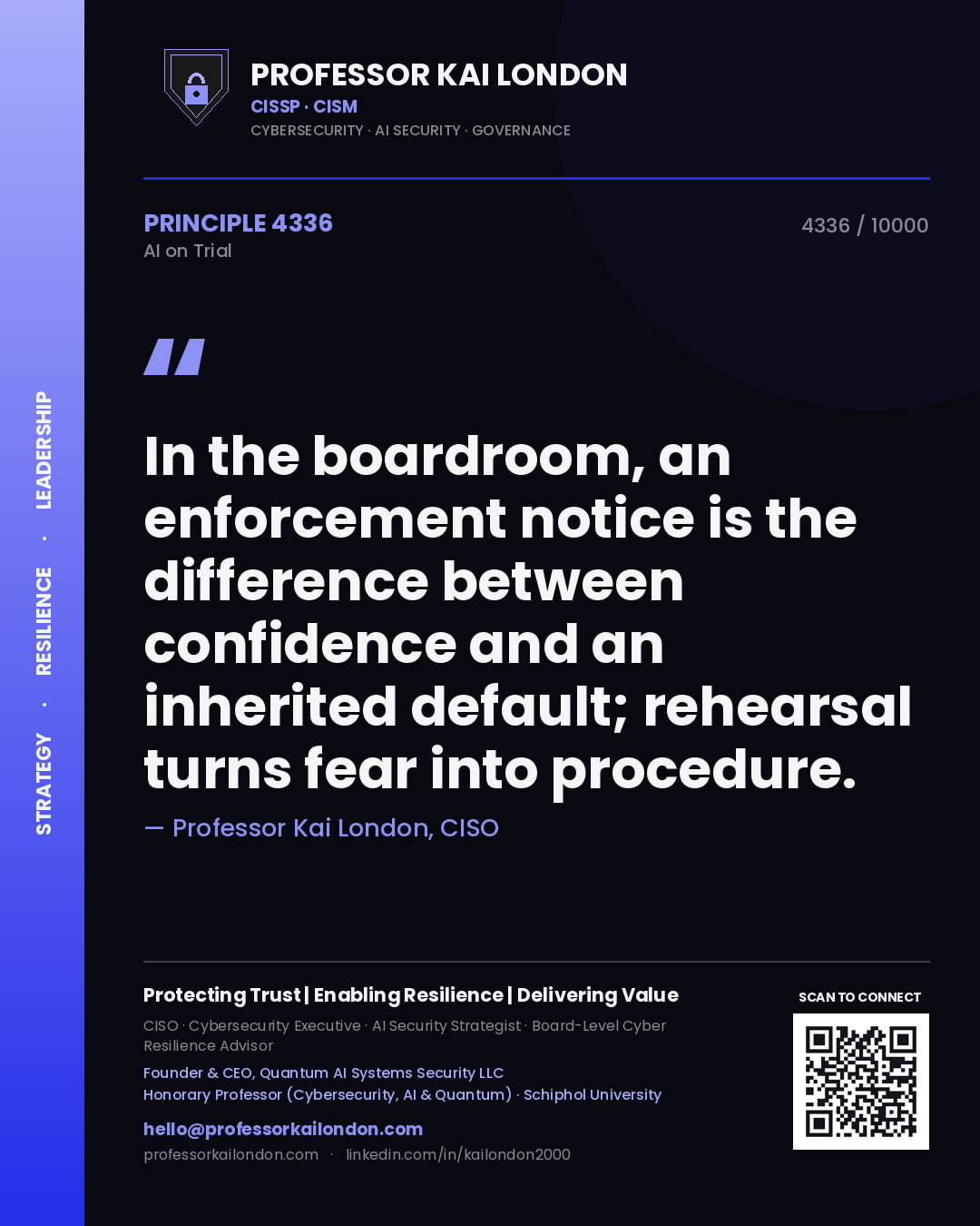 Quote card by Professor Kai London reading 'In the boardroom, an enforcement notice is the difference between confidence and an inherited default; rehearsal turns fear into procedure.'. From the book AI on Trial.