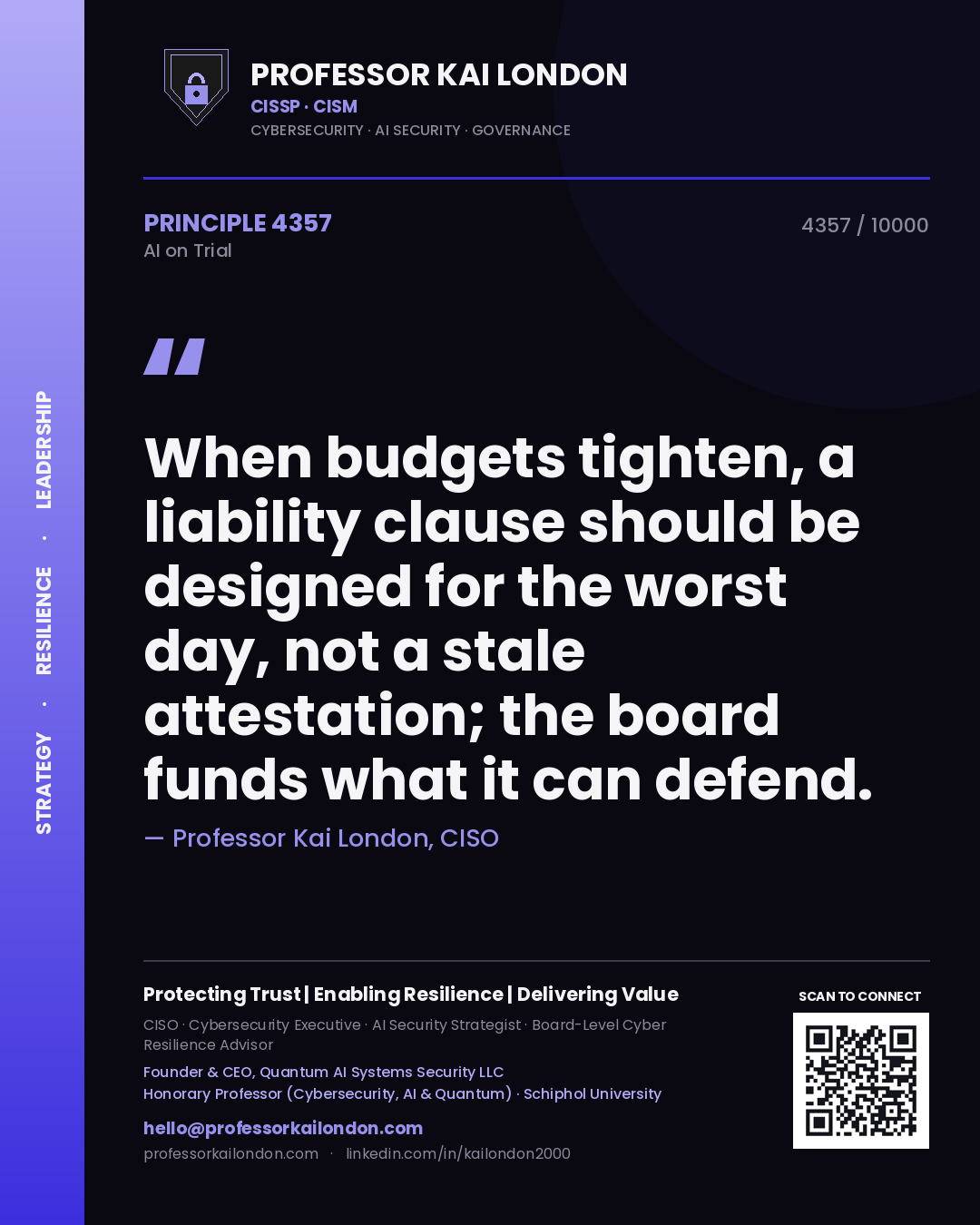 Quote card by Professor Kai London reading 'When budgets tighten, a liability clause should be designed for the worst day, not a stale attestation; the board funds what it can defend.'. From the book AI on Trial.