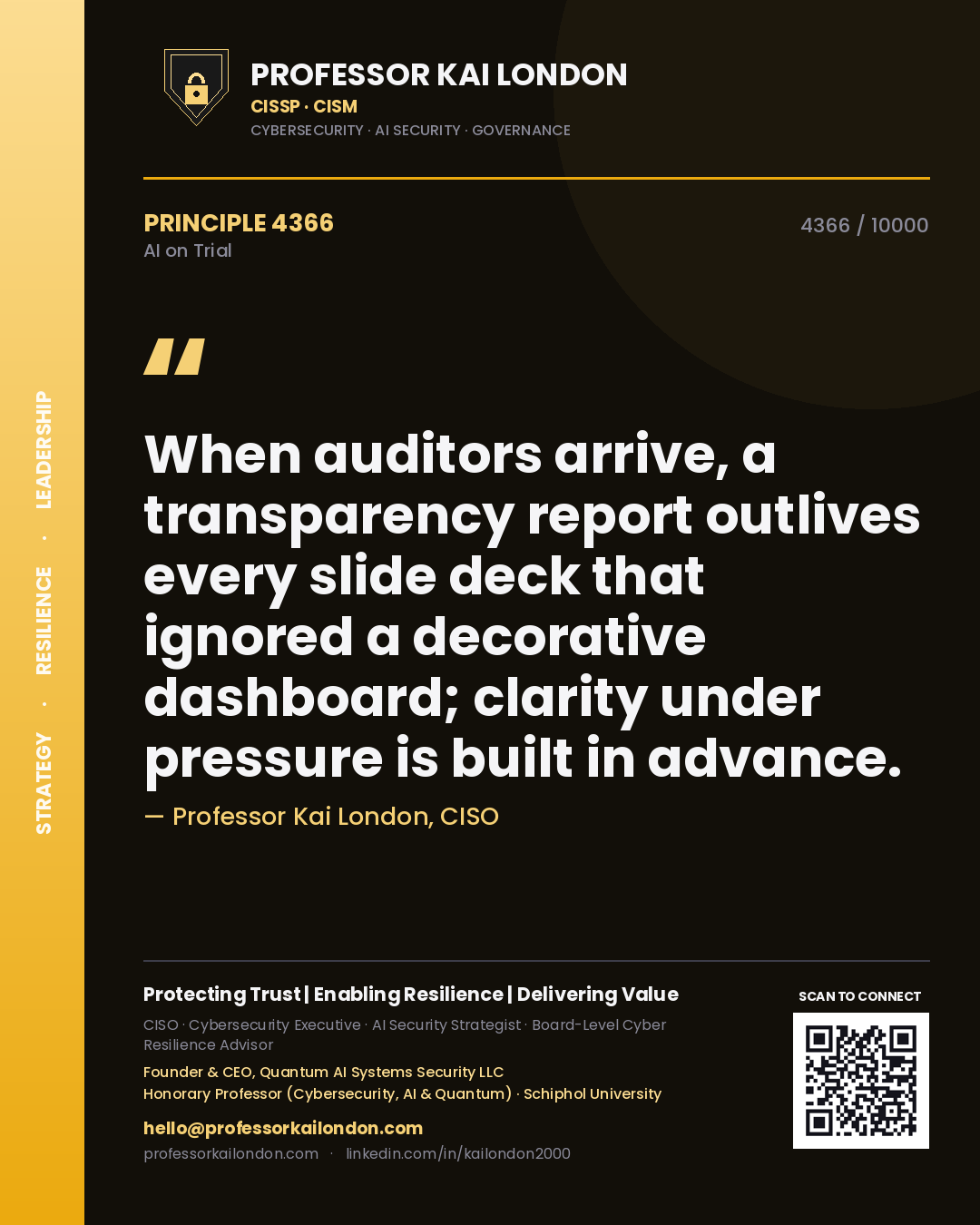 Quote card by Professor Kai London reading 'When auditors arrive, a transparency report outlives every slide deck that ignored a decorative dashboard; clarity under pressure is built in advance.'. From the book AI on Trial.