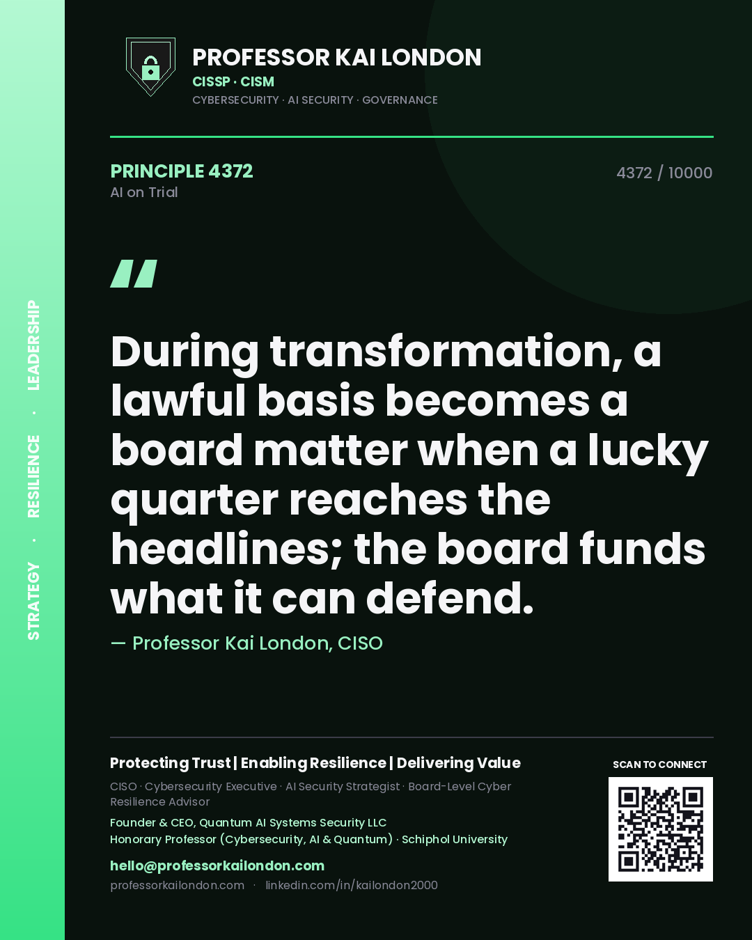 Professor Kai London principle 4372: During transformation, a lawful basis becomes a board matter when a lucky quarter reaches the headlines; the board funds what it can defend.