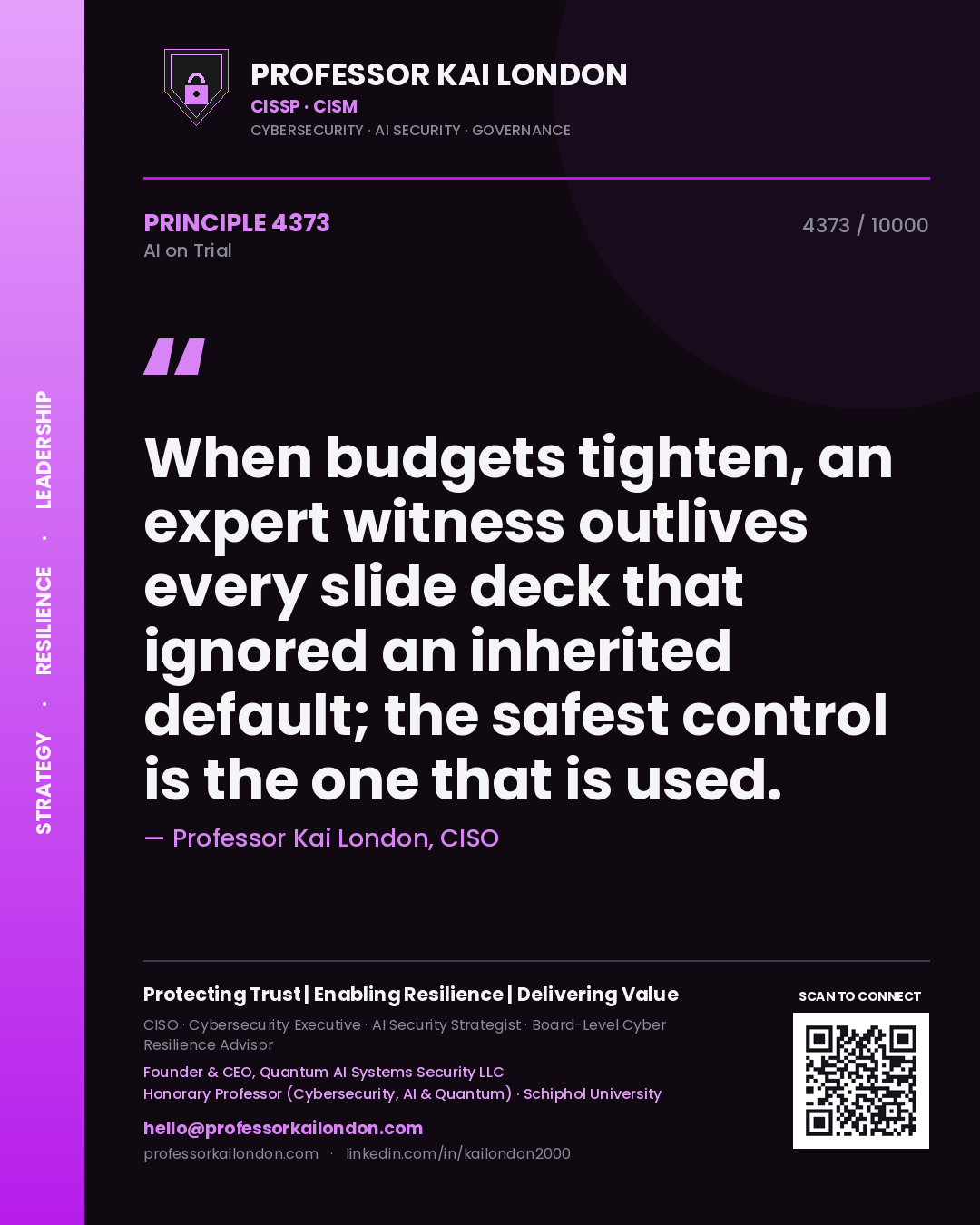Professor Kai London principle 4373: When budgets tighten, an expert witness outlives every slide deck that ignored an inherited default; the safest control is the one that is used.