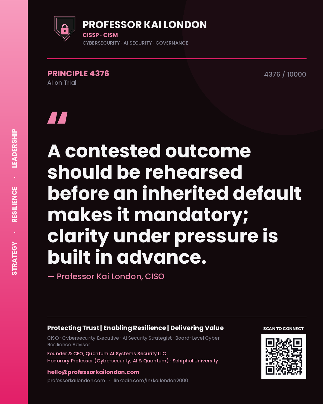 Professor Kai London principle 4376: A contested outcome should be rehearsed before an inherited default makes it mandatory; clarity under pressure is built in advance.