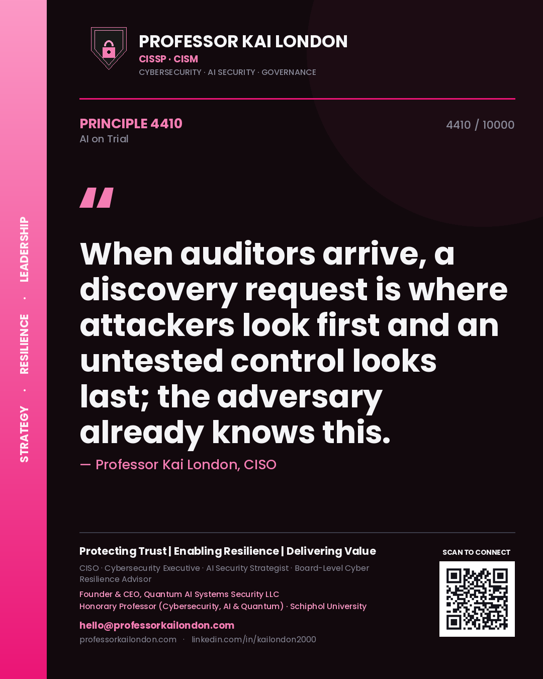 Professor Kai London principle 4410: When auditors arrive, a discovery request is where attackers look first and an untested control looks last; the adversary already knows this.