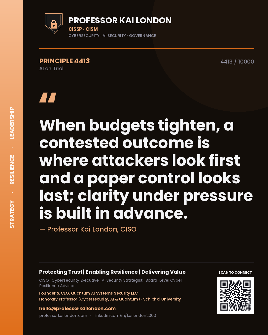 Quote card by Professor Kai London reading 'When budgets tighten, a contested outcome is where attackers look first and a paper control looks last; clarity under pressure is built in advance.'. From the book AI on Trial.