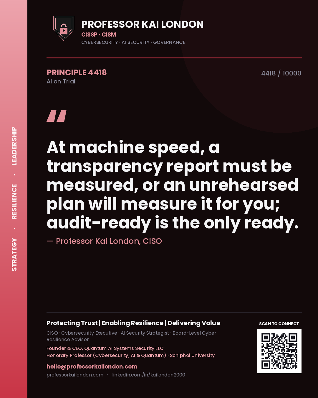 Quote card by Professor Kai London reading 'At machine speed, a transparency report must be measured, or an unrehearsed plan will measure it for you; audit-ready is the only ready.'. From the book AI on Trial.