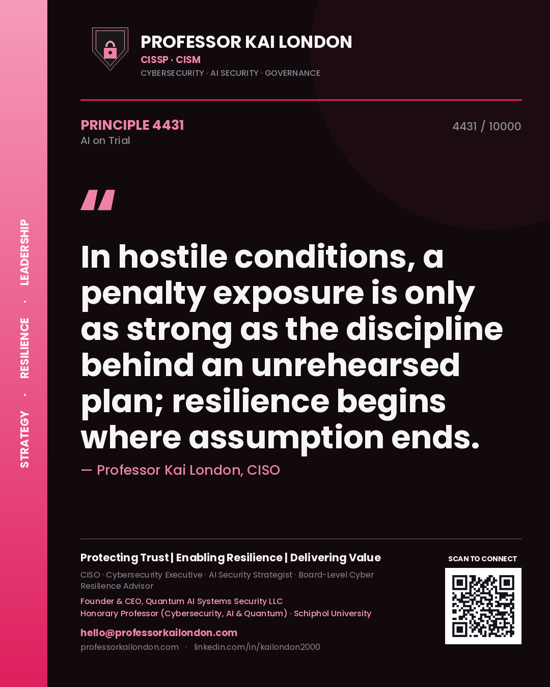 Professor Kai London principle 4431: In hostile conditions, a penalty exposure is only as strong as the discipline behind an unrehearsed plan; resilience begins where assumption ends.