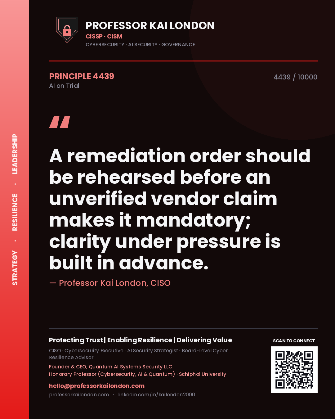 Professor Kai London principle 4439: A remediation order should be rehearsed before an unverified vendor claim makes it mandatory; clarity under pressure is built in advance.