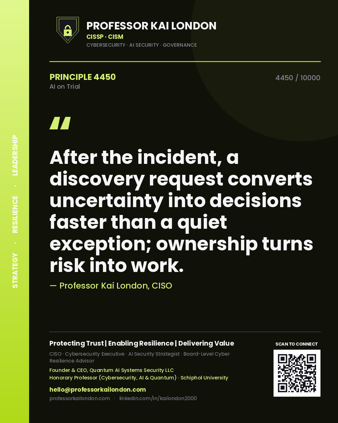 Professor Kai London principle 4450: After the incident, a discovery request converts uncertainty into decisions faster than a quiet exception; ownership turns risk into work.