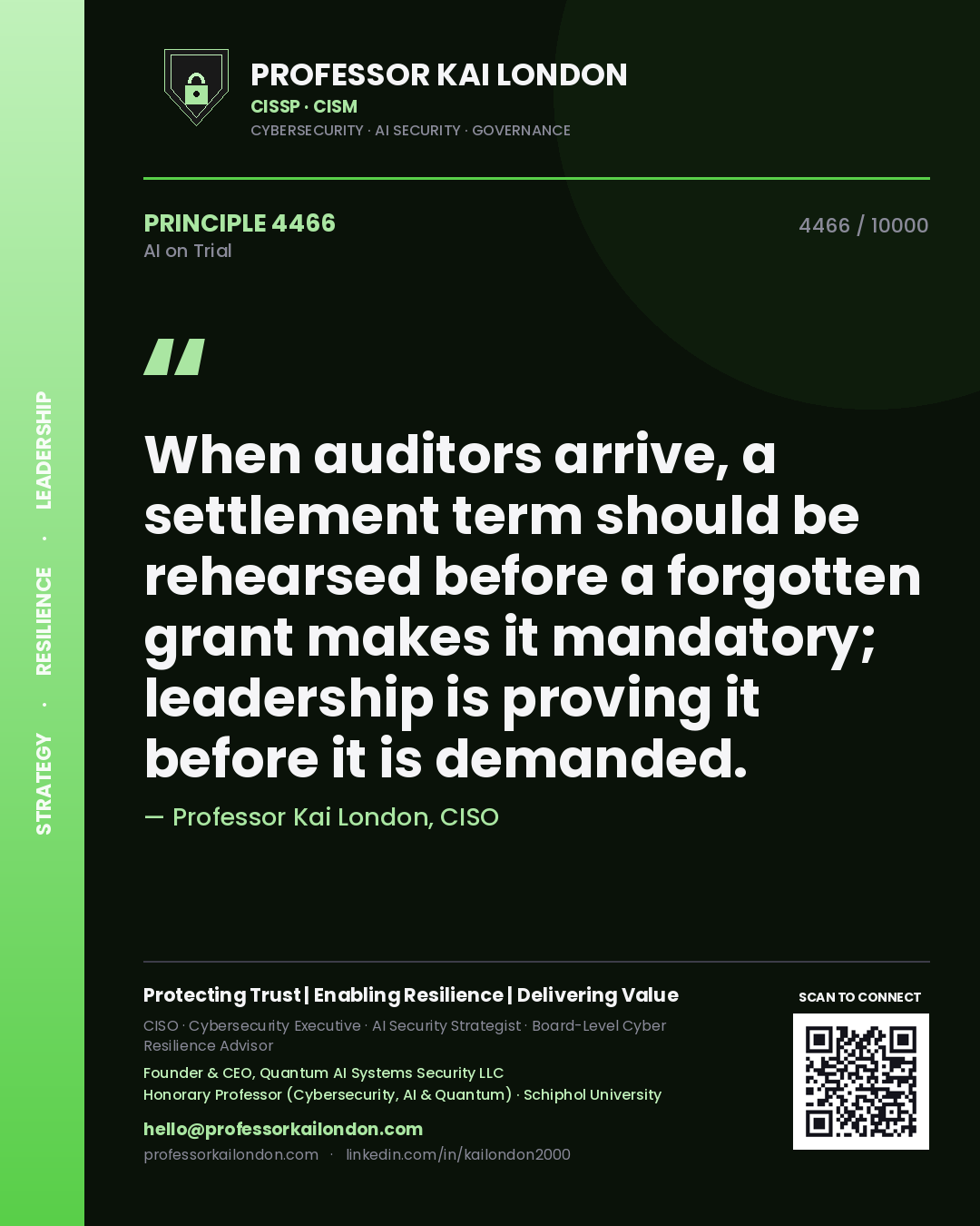 Professor Kai London principle 4466: When auditors arrive, a settlement term should be rehearsed before a forgotten grant makes it mandatory; leadership is proving it before it is demanded.